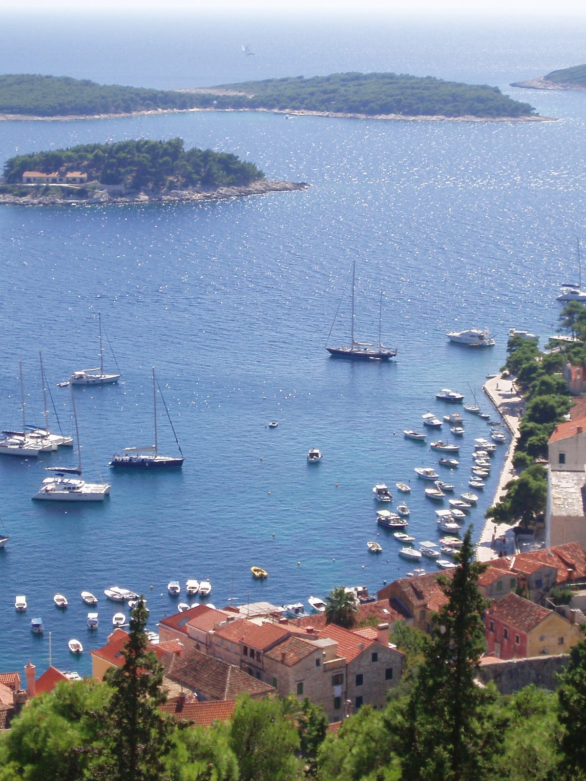 Hvar town harbour and the Pakleni islands beyond